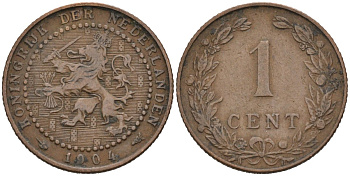Нидерланды 1 цент 1904 Вильгельмина (1890-1948) KM 132 бронза 4576-656