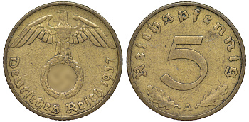 Германия 5 рейхспфеннигов 1937 A KM 91, J. 363 алюминиевая бронза 4602-1252