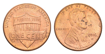 США 1 цент 2016 D, Авраам Линкольн KM 468 цинк плакированный медью UNC 4649-726