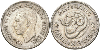 Австралия 1 шиллинг 1950 M, Георг VI (1936-1952), овца меринос KM 46 серебро 4622-135