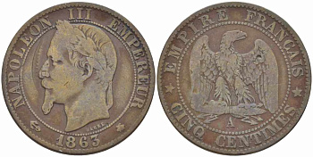 ФРАНЦИЯ 5 САНТИМОВ 1863 A, НАПОЛЕОН III (1852-1870) KM 797.1, LE FRANC 117.8 бронза 108-536