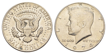 США 1/2 доллара (50 центов) 1974 Джон Кеннеди KM 202b медь плакированная медно-никелем aUNC 4536-623