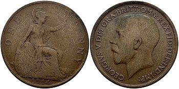 Великобритания 1 пенни 1914 Георг V (1910-1936) KM 810, Spink 4051 бронза 4607-644