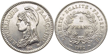 Франция 1 франк 1992 200 лет Французской республике KM 1004.1, Le Franc 229.2 никель 175-555