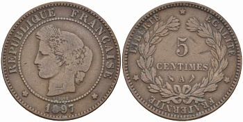 ФРАНЦИЯ 5 САНТИМОВ 1897 A, ТРЕТЬЯ РЕСПУБЛИКА (1871-1940) KM 821.1, LE FRANC 118.41 бронза 108-753