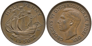 Великобритания 1/2 пенни 1950 Георг VI (1936-1952) KM 868, Spink 4118 бронза 34-1033