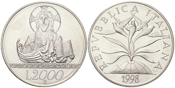 Италия 2000 лир 1998 R, Миллениум - Вера, тираж 36.300 экземпляров KM 195 серебро BU 1529-1243