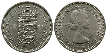 Великобритания 1 шиллинг 1960 Елизавета II (1952-2022), Английский герб KM 904, Spink 4147 медно-никель 4384-413