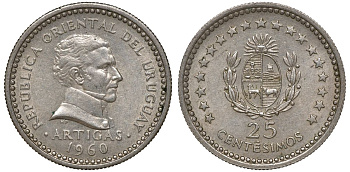 Уругвай 25 сентесимо 1960 KM 40 медно-никель 4169-952