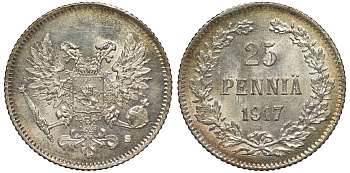 Россия для Финляндии 25 пенни 1917 S, временное правительство, без короны KM 19, Биткин 2 серебро 75-1461