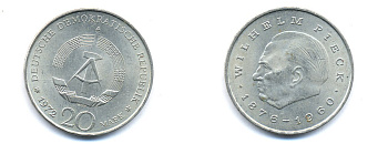 ГДР 20 марок 1972 А, Вильгельм Пик (1876-1960) KM 42 медно-никель 3333-335