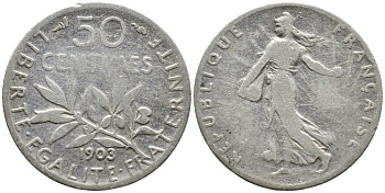 ФРАНЦИЯ 50 САНТИМОВ 1903 KM 854 серебро 4178-313