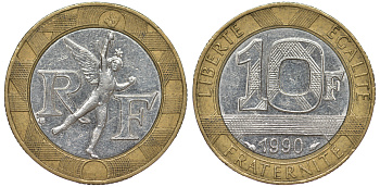 Франция 10 франков 1990 тип Гений Бастилии KM 964.1, Le Frank 375.5 биметалл 45-812