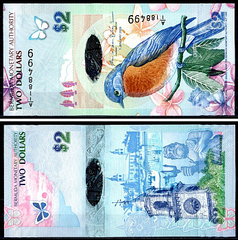 Бермудские острова (Бермуды) 2 доллара 2009 Синяя птица (Sialia sialis), Часовая башня на верфи (Гамильтон), Нептун Pick 57 b бумага UNC (пресс) 7548-70-3-2