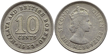 Малайя и Британское Борнео 10 центов 1953 Елизавета II (1952-2022) KM 2 медно-никель 4392-1138