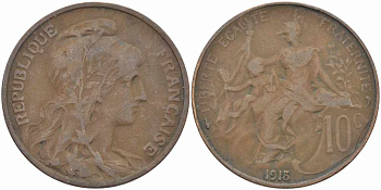 ФРАНЦИЯ 10 САНТИМОВ 1913 ТИП ДАНИЭЛЬ ДЮПЮИ KM 843, LA FRANC 136.23 бронза 109-325