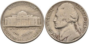 США 5 центов 1949 Джефферсон KM А192 медно-никель 92-1012