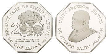 Сьерра-Леоне 1 леоне 1987 200 лет Сьерра-Леоне, тираж 3.000 экземпляров KM 40 серебро PROOF 1522-1445