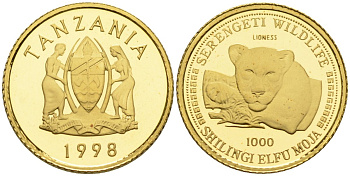 Танзания 1000 шиллингов 1998 львы, вес 3,13 гр KM нет золото PROOF 00-801-23