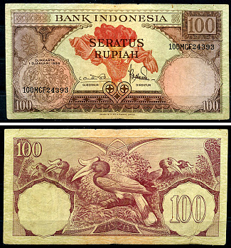 Индонезия 100 рупий 1959 гигантская раффлезия, малайский калао Pick 69 a  бумага 444-26-2-1