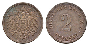 Германия 2 пфеннига 1916 A, Вильгельм II (1888-1918) KM 16, J. 11, Weege 4 медь 4639-1223