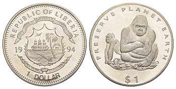 Либерия 1 доллар 1994 Сохраним планету Земля - Горилла KM 118 медно-никель BU 00-1067-2-43