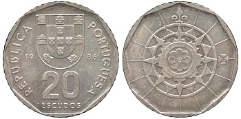 Португалия 20 эскудо 1986 KM 634 медно-никель 4142-1225
