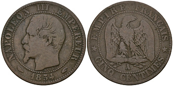 Франция 5 сантимов 1854 A- Париж, Наполеон III (1852 - 1870) KM 777 бронза 51-915