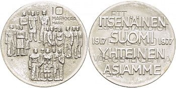 Финляндия 10 марок 1977 K-H, 60 лет независимости (1917-1977) KM 55 серебро UNC 1515-1423