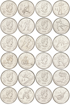 Канада лот из 12 монет по 25 центов 2007-2009 XXI Зимние Олимпийские игры 2010 года в Ванкувере никелированная сталь UNC M47-19