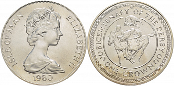 Остров Мэн 1 крона 1980 200 лет дерби, ипподромные скачки KM 63a серебро UNC 01-076-14