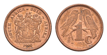 ЮАР 1 цент 1990 герб, капские воробьи KM 132 сталь плакированная медью aUNC 4608-564