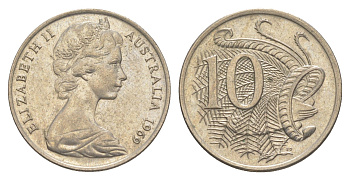 Австралия 10 центов 1969 Елизавета II (1952-2022), птица лирахвост KM 65 медно-никель 4364-4514