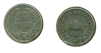 Венгрия 10 филлеров 1894 KB, Франц Иосиф I (1848-1916) KM 482 никель 76-539