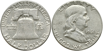США 1/2 доллара (50 центов) 1961 ФРАНКЛИН, КОЛОКОЛ KM 199 серебро 84-736