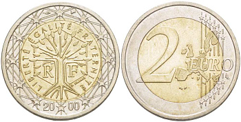ФРАНЦИЯ 2 ЕВРО 2000 KM 1289 биметалл 215-642