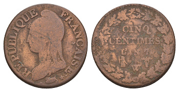 Франция 5 сантимов 1798 Lan 7, W KM 640, Le Franc 115/50 медь 4657-915