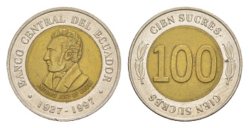 Эквадор 100 сукре 1997 70 лет Центробанку KM 101 биметалл UNC 4640-1252