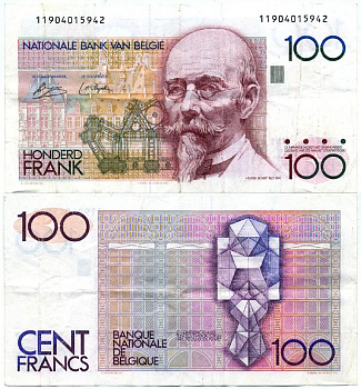 БЕЛЬГИЯ 100 ФРАНКОВ 1978-1981 ПОДПИСЬ (3 И 9), АРХИТЕКТОР ХЕНДРИК БЕЙЕРТ Pick 140а бумага 444-100-1-1