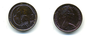 АВСТРАЛИЯ 1 ЦЕНТ 1966 ЕЛИЗАВЕТА II, МОЛОДОЙ ПОРТРЕТ, ОПОССУМ КМ 62 бронза 56-836