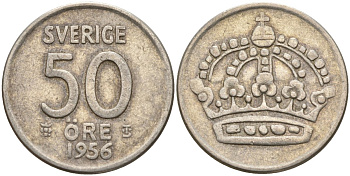 Швеция 50 эре 1956 TS, Густав VI Адольф (1950-1973) KM 825 серебро 4148-936