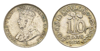 Цейлон 10 центов 1920 B, Георг V (1910-1936) KM 104a серебро 4679-117