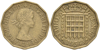 Великобритания 3 пенса 1954 Елизавета II (1952-2022) KM 900, Spink 4153 никель латунь 4556-455