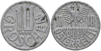 Австрия 10 грошей 1955 KM 2878 алюминий 113-612