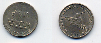 Куба 10 сентаво 1989 туристические деньги, INTUR, цифры номинала маленькие KM 415.2a медно-никель 4381-724