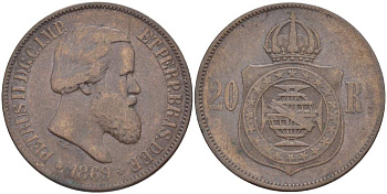 Бразилия 20 рейсов 1869 Педро II (1831-1889) KM 474 бронза 4529-444