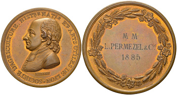 ФРАНЦИЯ МЕДАЛЬ 1885 ОТ СЕЛЬСКОХОЗЯЙСВЕННОГО И РЕМЕСЛЕННОГО ОБЩЕСТВА ЛИОНА, ЖАН РОЗЬЕ (1734-1793) ФРАНЦУЗСКИЙ АББАТ, ВНЕСШИЙ ОГРОМНЫЙ ВКЛАД ВО ФРАНЦУЗСКОЕ СЕЛЬСКОЕ ХОЗЯЙСТВО, НАГРАЖДАЕТСЯ ФИРМА ' ММ L. PERMEZEL&Cie', МЕДАЛЬЕР CHAVANNE, ДИАМЕТР 50 ММ. бронз