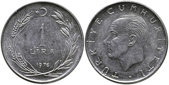 Турция 1 лира 1976 Мустафа Кемаль Ататюрк KM 889а.2 нержавеющая сталь 4541-522