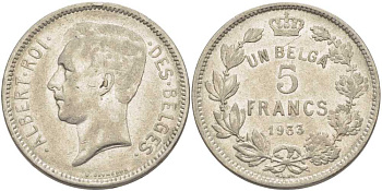 БЕЛЬГИЯ 5 ФРАНКОВ 1933 АЛЬБЕРТ I, DES BELGES KM 97.1 никель 3851-233