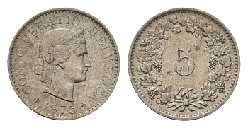 Швейцария 5 раппенов 1975 KM 26 медно-никель 4702-352